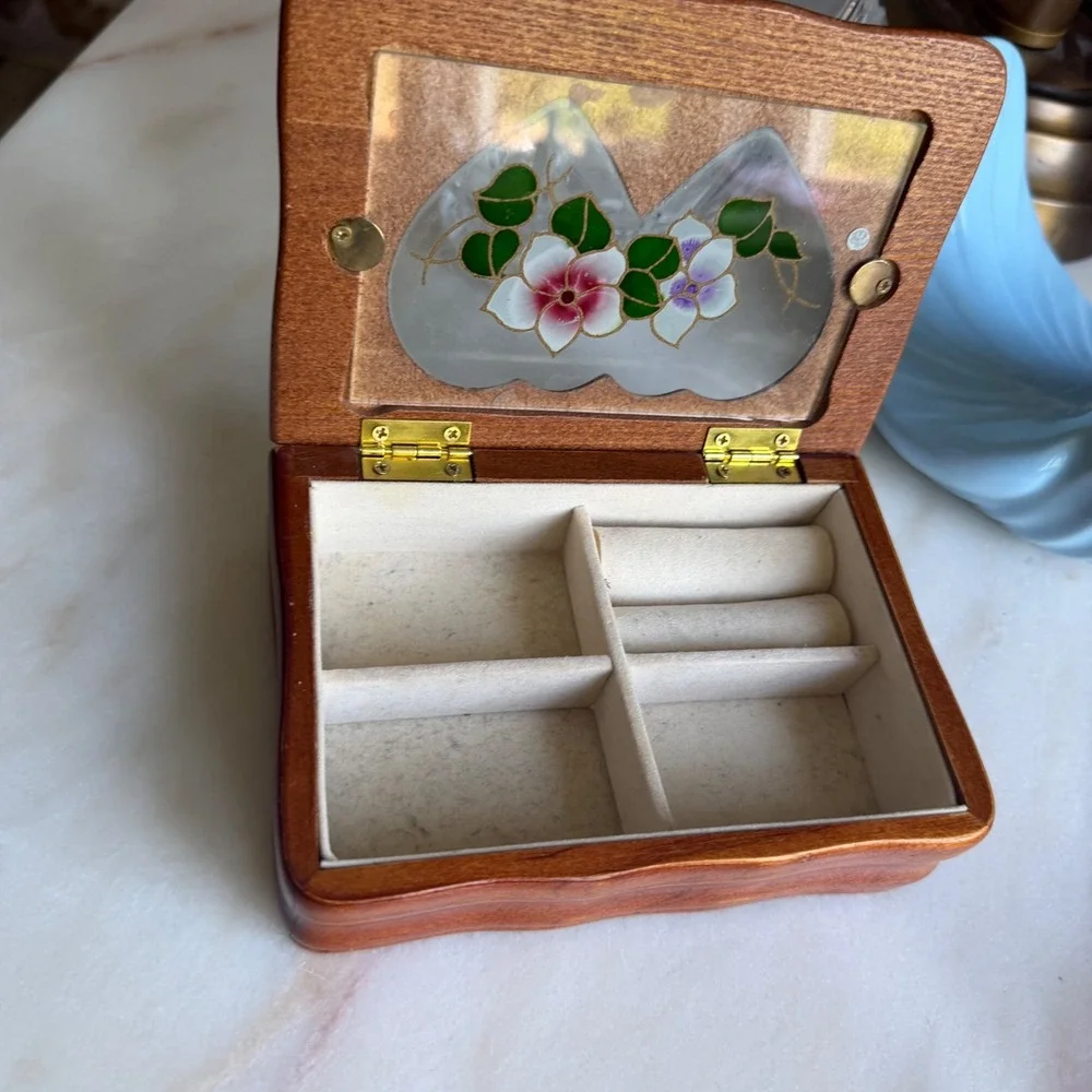 Vintage Wood Jewelry Box Double Heart Floral Glass Inlay Trinket Box Organizer